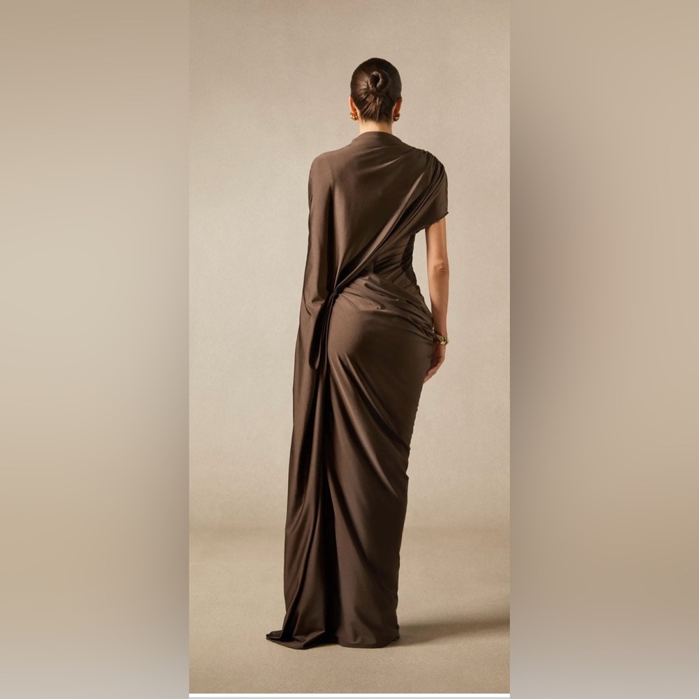 Women’s Sunfere Melina Asymmetric sleeve drape maxi dress in brown - Picture 2 of 4